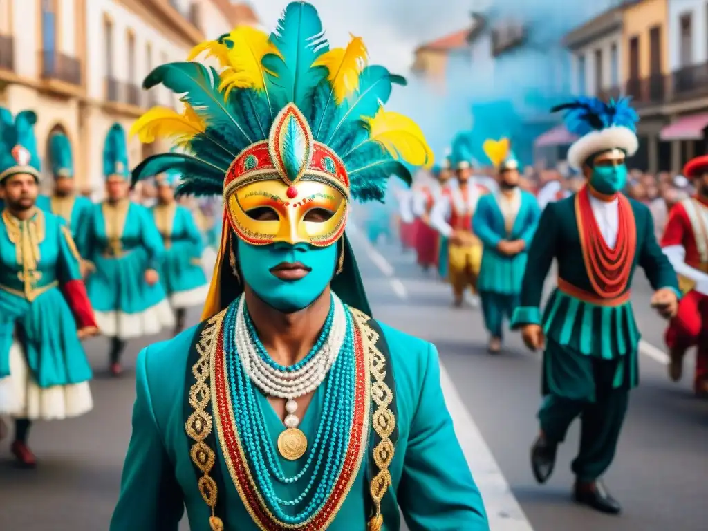 Colorido desfile de Carnaval Uruguayo con vibrantes trajes y música tradicional