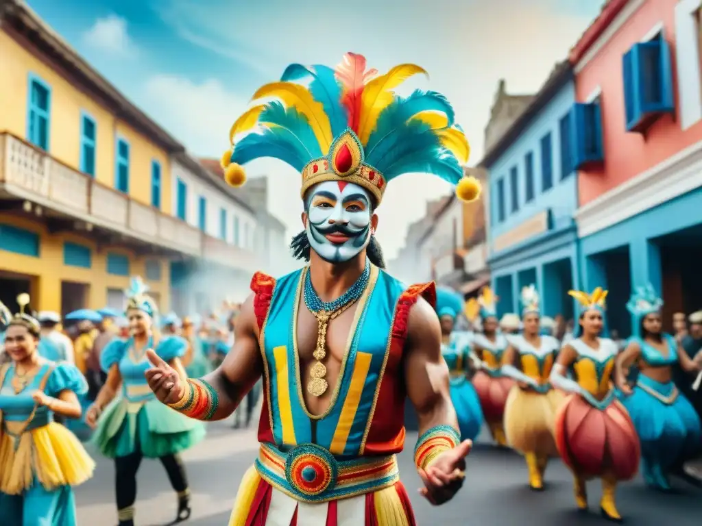 Colorido desfile de carnaval en Uruguay con vestuario ecoamigable hecho de materiales reciclados