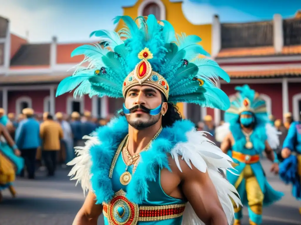 Colorido desfile de Carnaval en Uruguay con vibrante vestuario y arquitectura tradicional