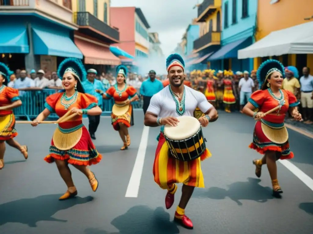 Colorido desfile de comparsas en movimiento, preservando la importancia del Candombe