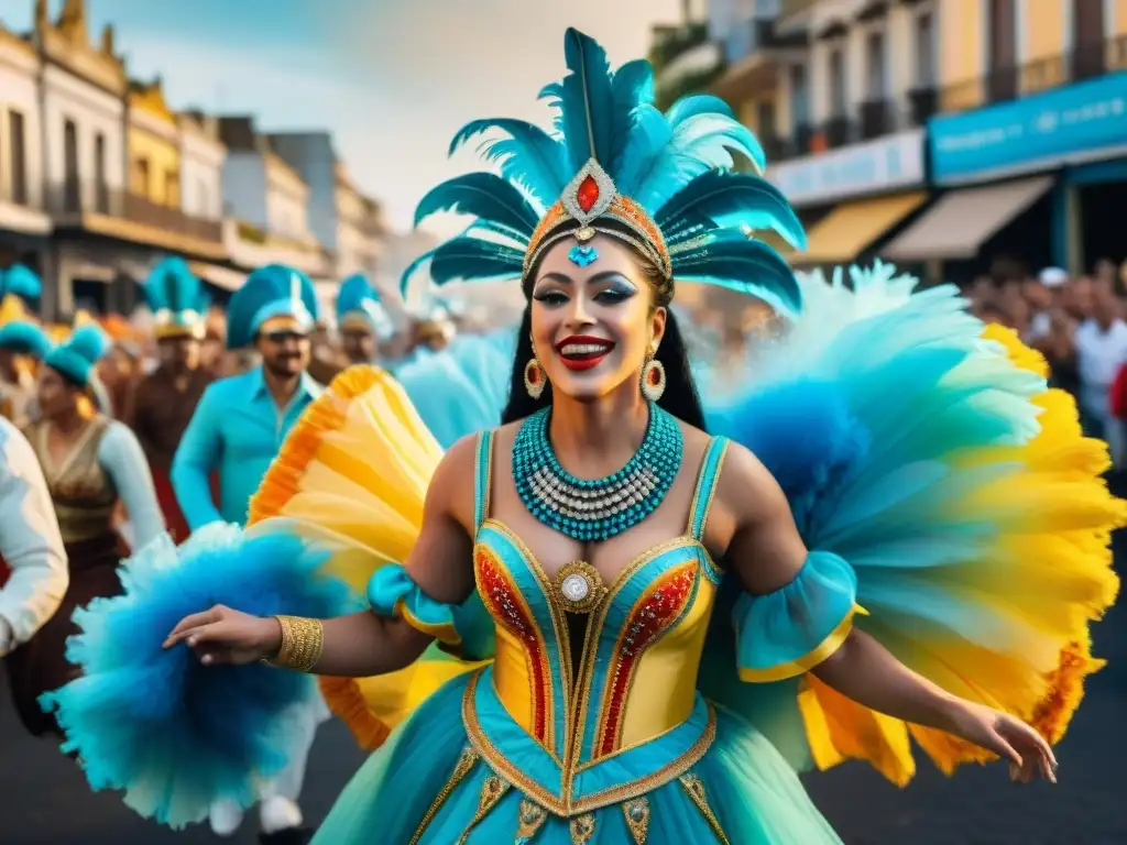 Colorido desfile de comparsas uruguayas: tradición e innovación en vibrantes trajes y música alegre