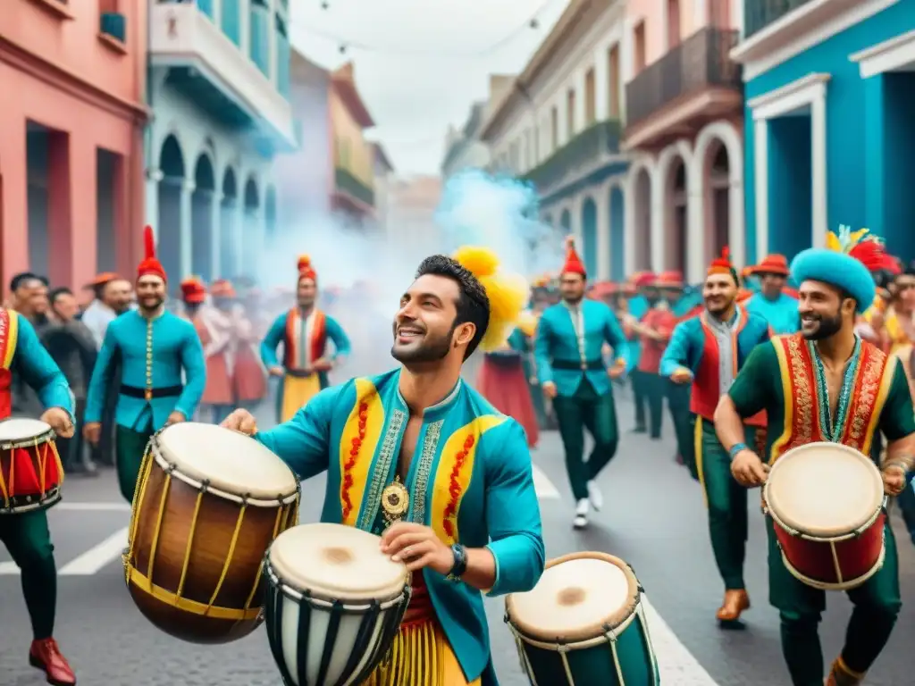 Colorido desfile de murgas y candombes en el Carnaval Uruguayo, evolución música Carnaval Uruguayo