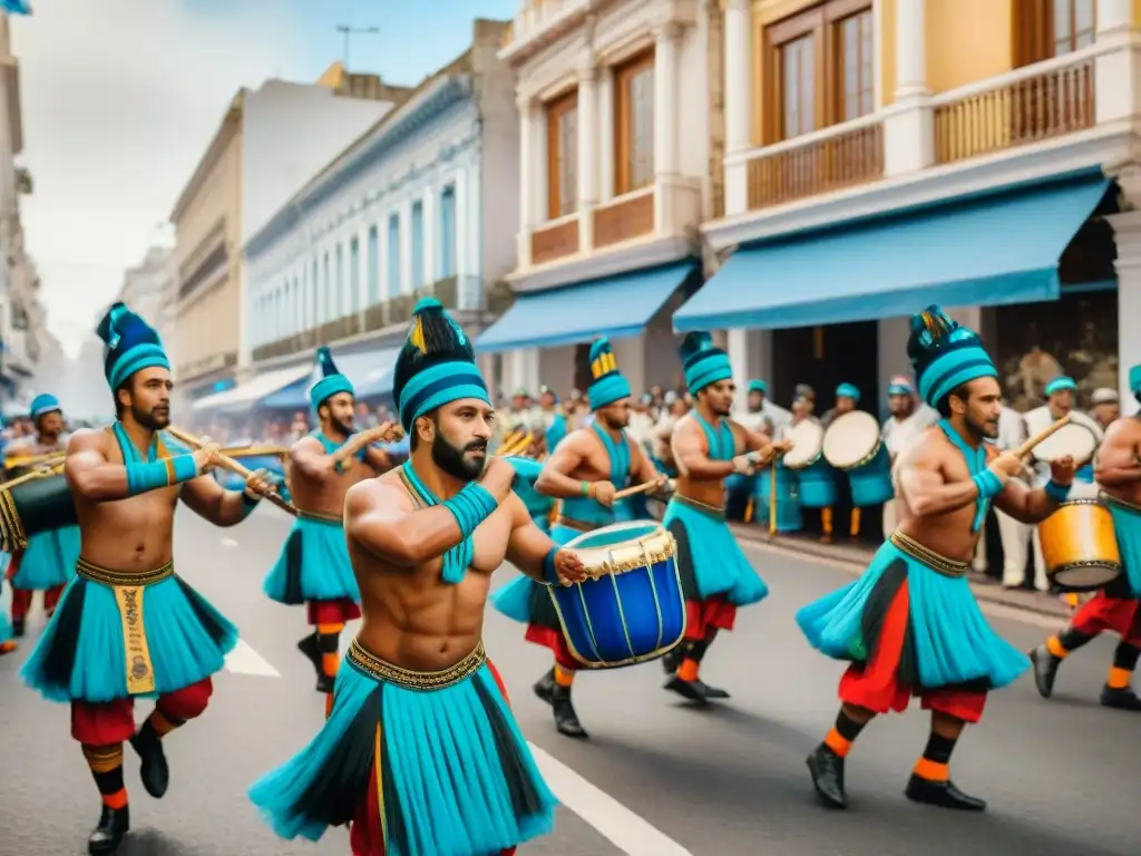 Colorido desfile de candombe en Montevideo, Uruguay, con tambores, bailarines y espectadores