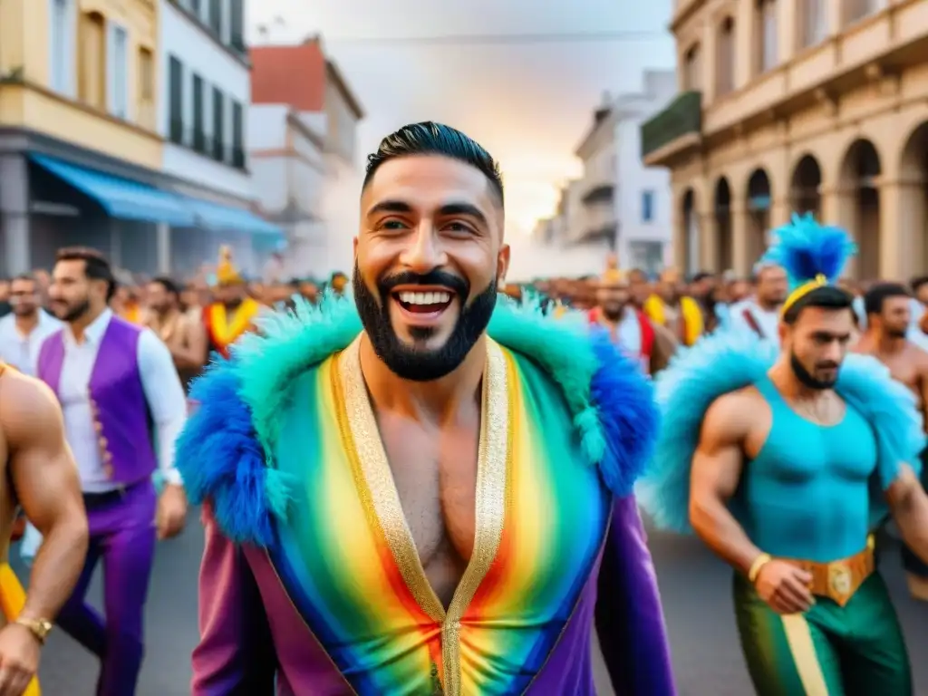 Comparsas LGBT+ Uruguay: Desfile colorido y festivo en las calles de Uruguay, con participantes alegres y trajes intrincados