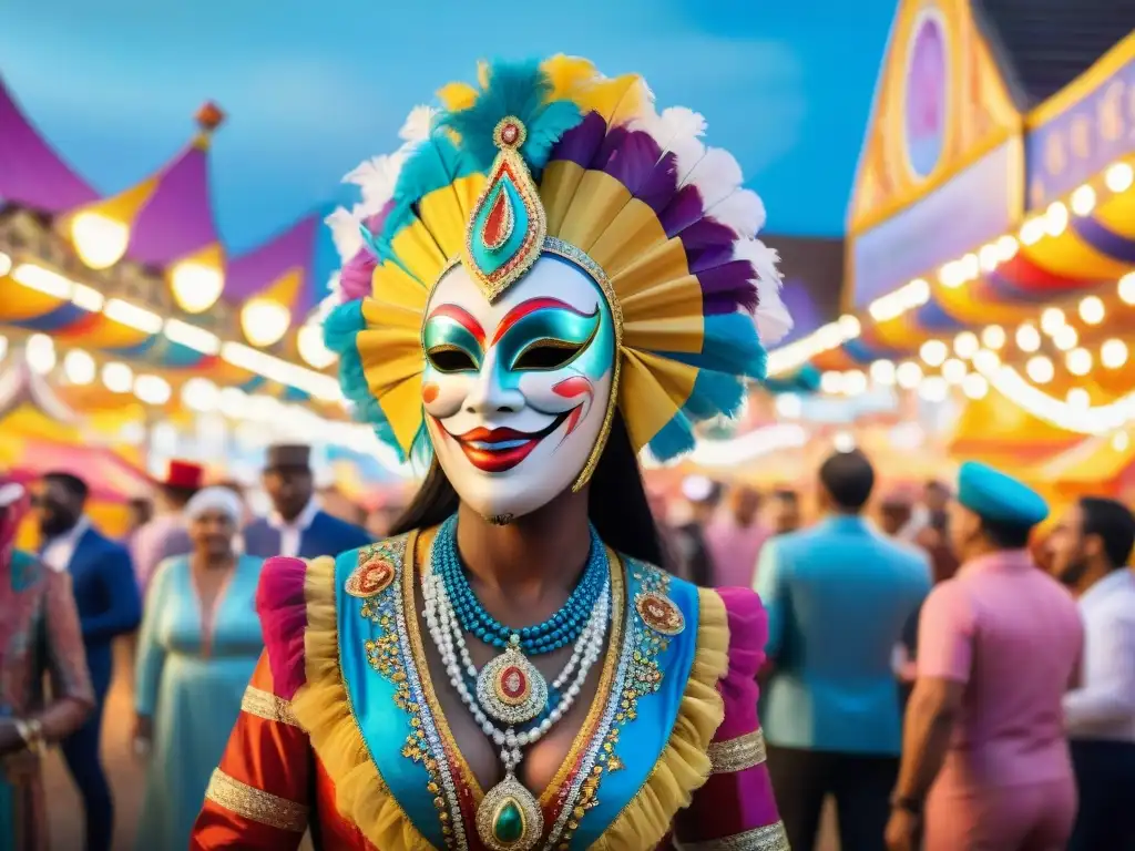 Colorido mercado carnavalesco con danzas y máscaras, celebrando la rica tradición cultural