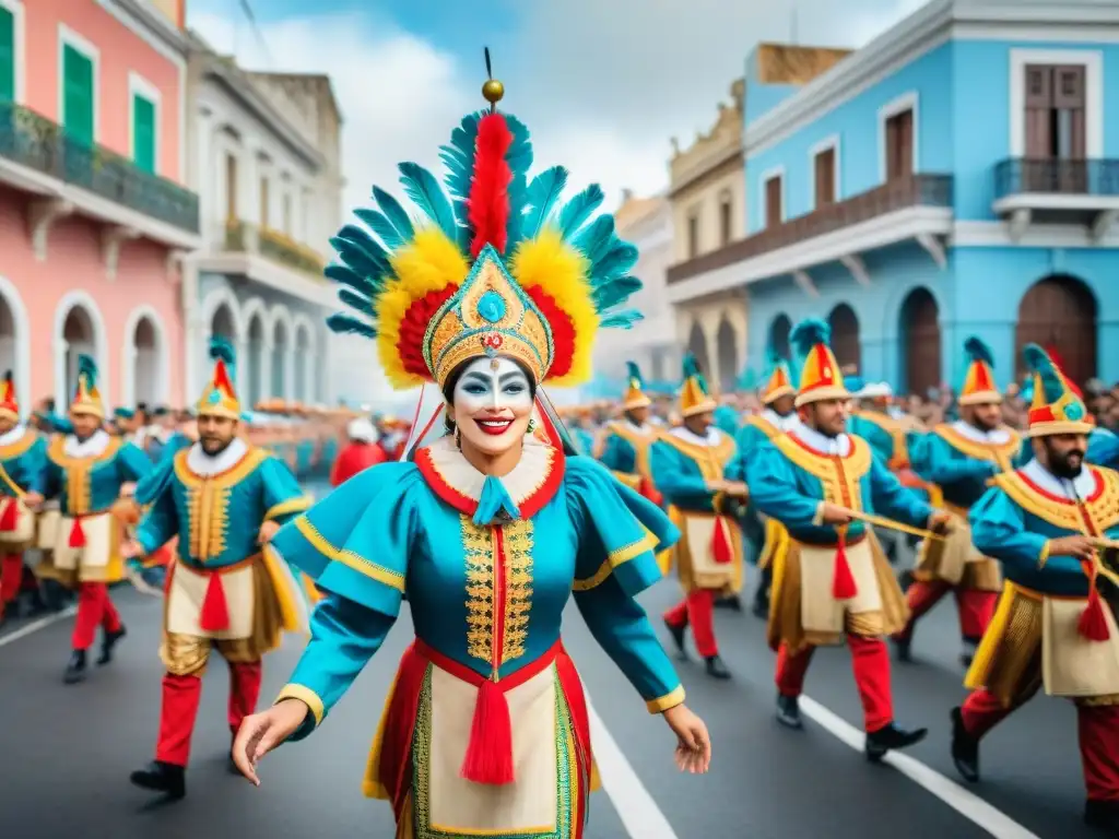 Colorido rescate de voces del Carnaval uruguayo: trajes detallados, danzas alegres y música tradicional, todo en una vibrante celebración