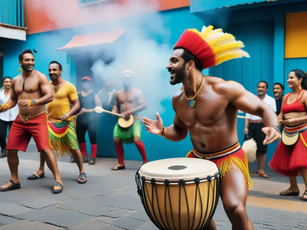 Colorido taller de candombe en Uruguay: gente diversa tocando tambores y bailando en vibrante plaza de Montevideo