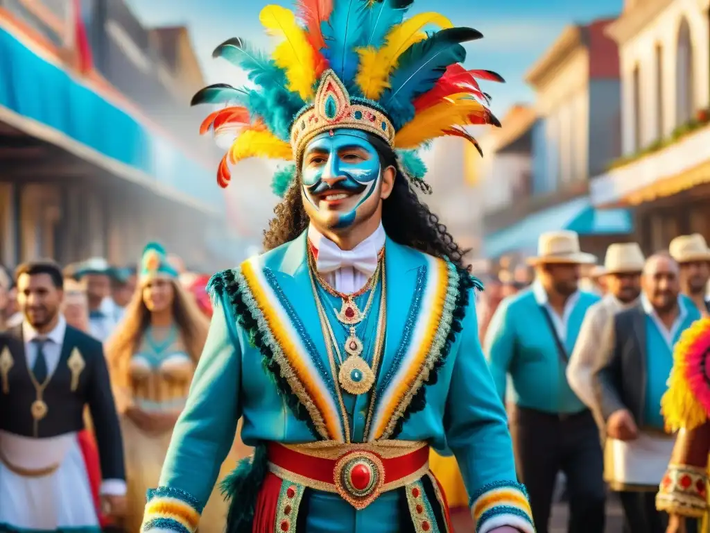 Colorido traje de Carnaval Uruguayo con plumas y lentejuelas en desfile festivo