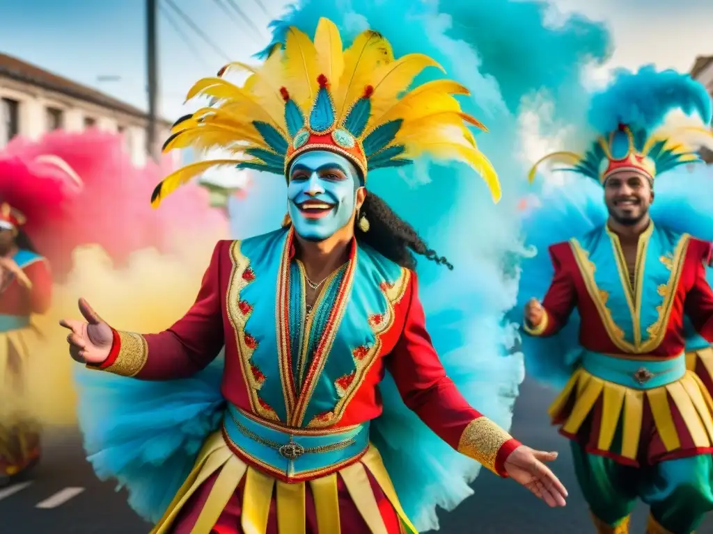 Colorido vestuario y baile alegre en el Carnaval de Uruguay, resaltando la historia y tradición