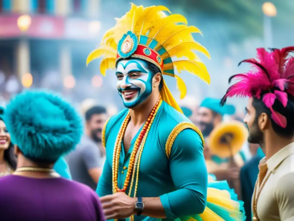 Coloridos humoristas carnavales uruguayos conectando con la audiencia en un ambiente de alegría y diversión