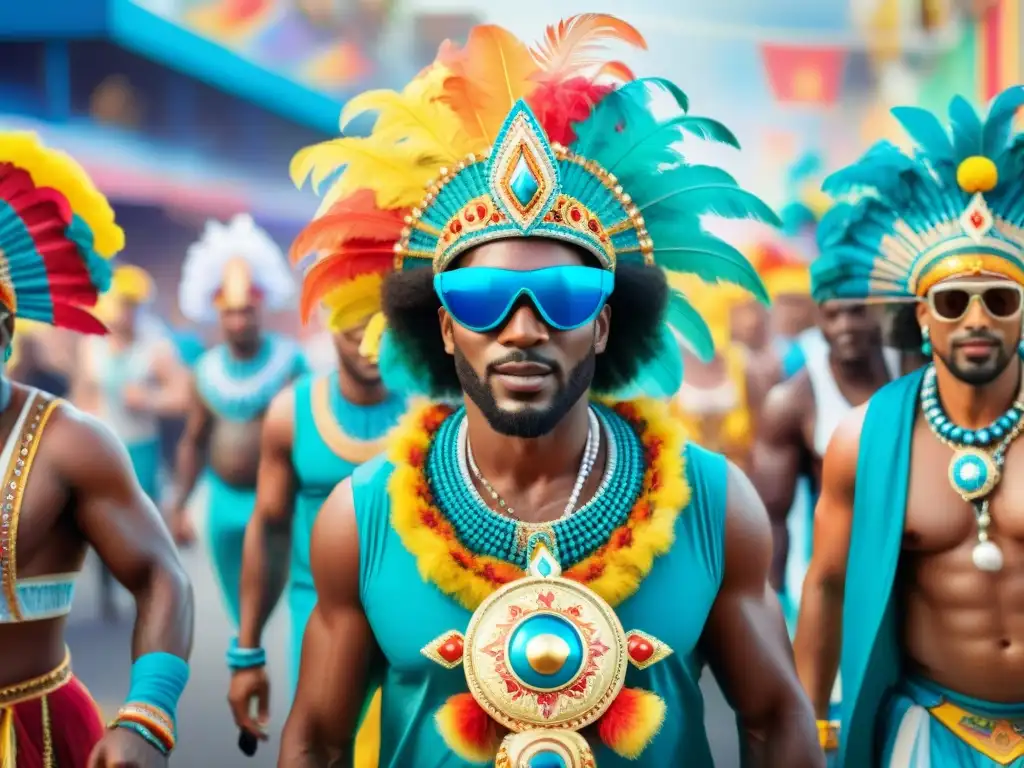 Coloridos participantes del Carnaval Uruguayo con tecnología de monitoreo de salud en vibrante desfile