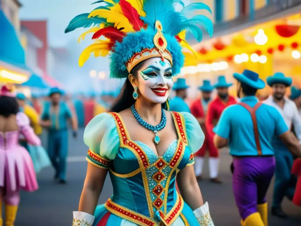 Coloridos personajes del Carnaval Uruguayo con evolución en vestuarios, plumas y alegría