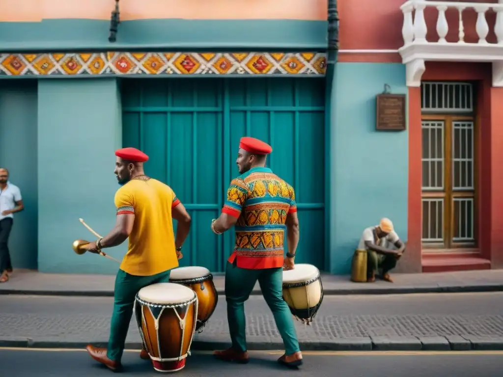 Coloridos tambores de Candombe en Montevideo, con músicos al fondo