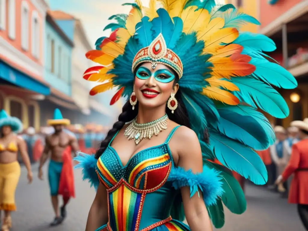 Coloridos trajes de Carnaval de Uruguay, con detalles y plumas, en una ilustración acuarela