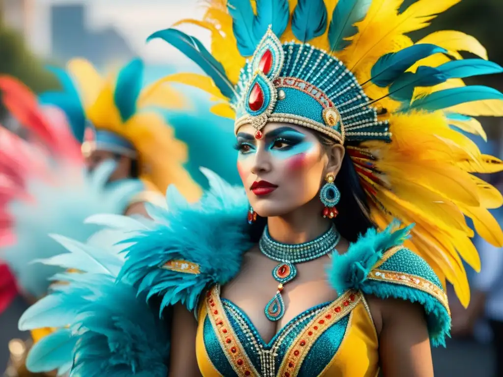 Coloridos trajes del Carnaval Uruguayo con detalles de cuentas y plumas, capturando la esencia festiva