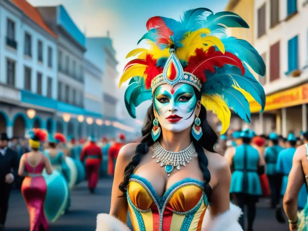 Comparativa imágenes: Pintura acuarela detallada del Carnaval Uruguayo, fusionando tradición y modernidad