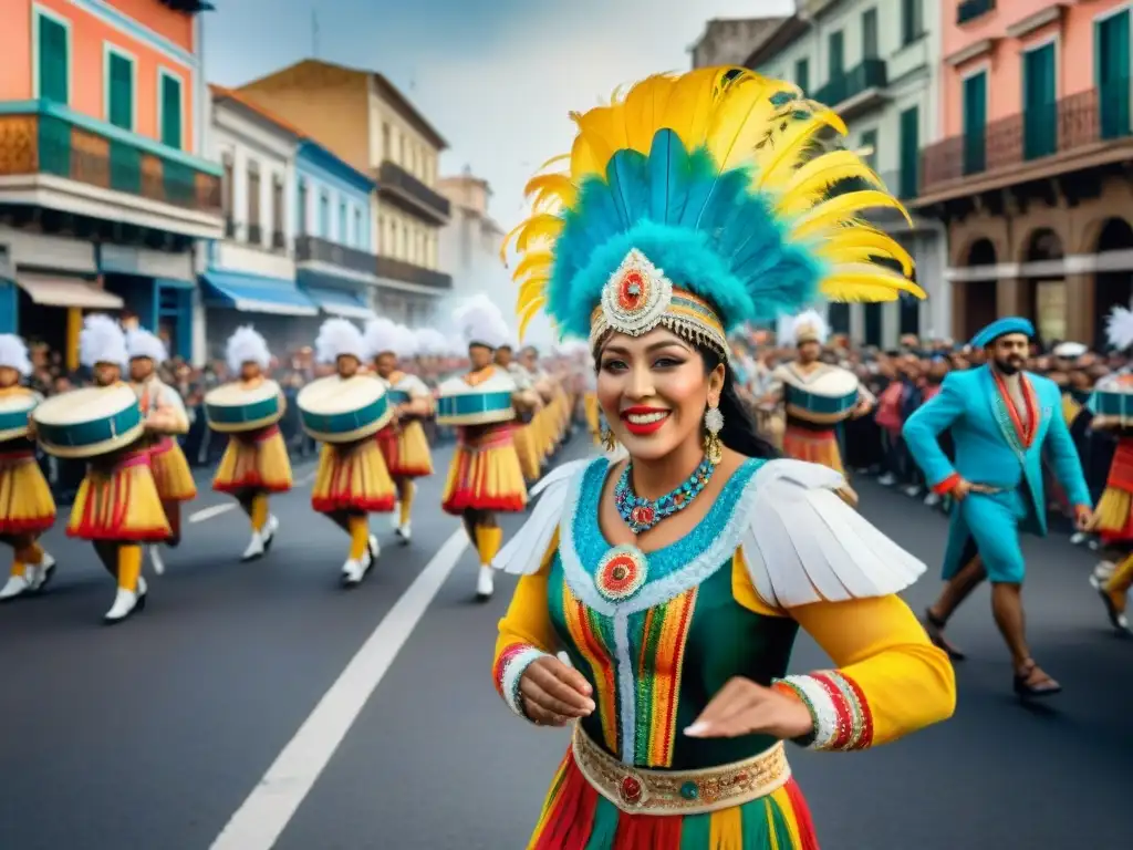 Una comparsa colorida en el Carnaval Uruguayo de la Ruta del Tambor, con trajes tradicionales y arquitectura colonial de Montevideo