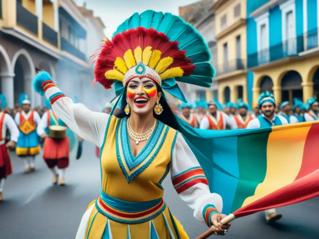 Una comparsa uruguaya deslumbrante en el Carnaval, con trajes llamativos y danzas intrincadas