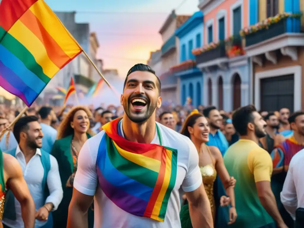 Una comparsa LGBT+ llena de color y alegría desfila en el Carnaval Uruguayo, rodeada de una multitud festiva