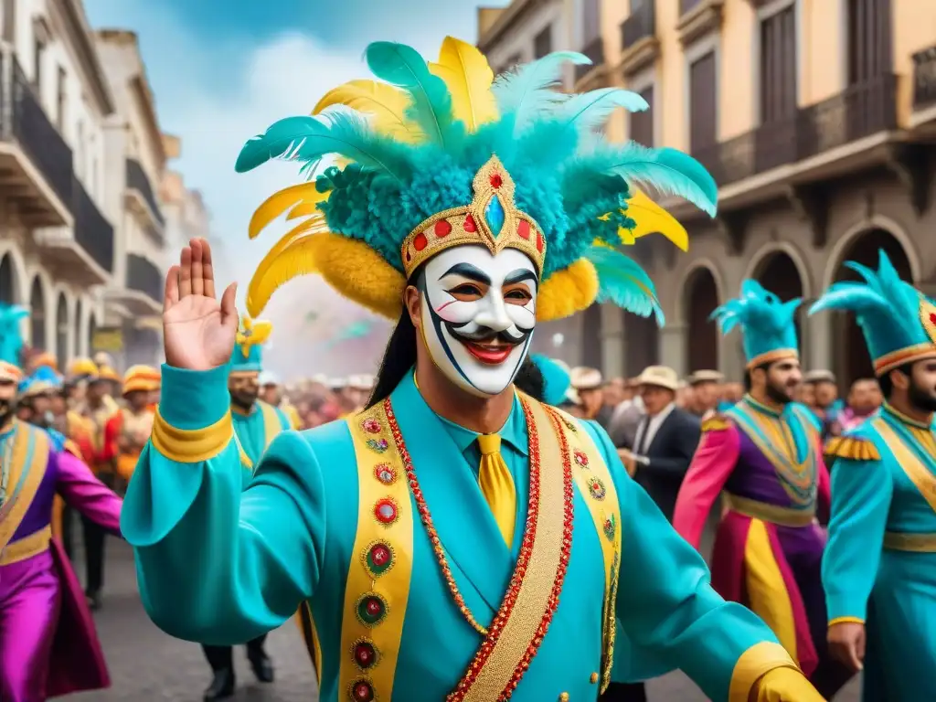 Una comparsa vibrante desfila por las calles de Montevideo en el Carnaval, mostrando historia y tradición uruguaya