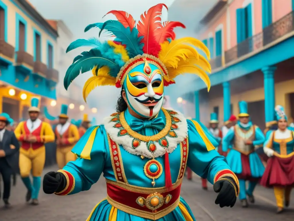 Una comparsa vibrante y detallada del Carnaval Uruguayo, con artistas enmascarados y trajes coloridos bailando en las calles