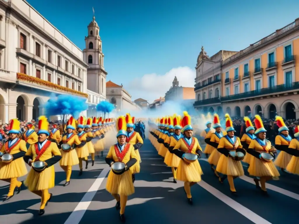 Transformación de comparsas de carnaval en Uruguay: detallada pintura acuarela de vibrante desfile con trajes y carrozas coloridas