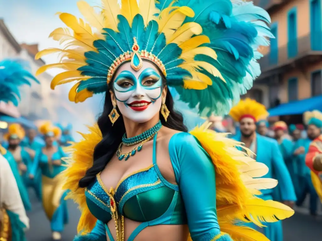 Comparsas de Carnaval Uruguayo: Desfile colorido de bailarines en vibrante ilustración acuarela