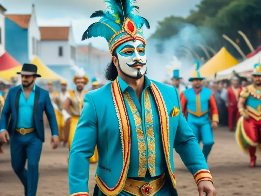 Transformación de comparsas en el Carnaval Uruguayo: pintura acuarela vibrante, mezcla de elementos tradicionales y modernos