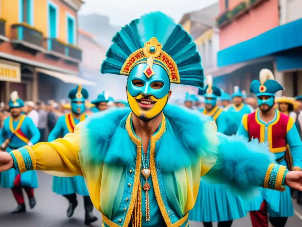 Transformación comparsas Carnaval Uruguayo: Vibrante pintura acuarela de desfile con trajes coloridos, máscaras eufóricas y danzas energéticas