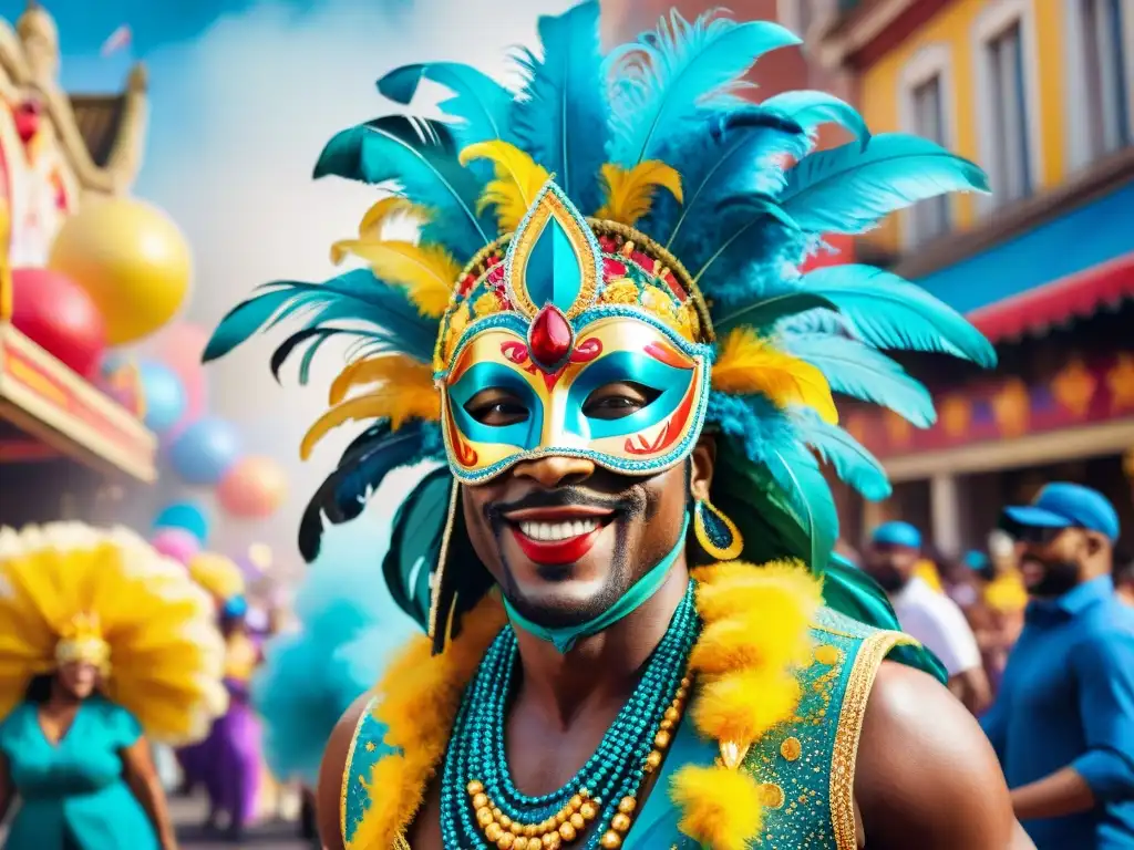 Consejos para destacar en Carnaval: Desfile vibrante con personajes en trajes coloridos y mascaradas, rodeados de confeti y espectadores animados