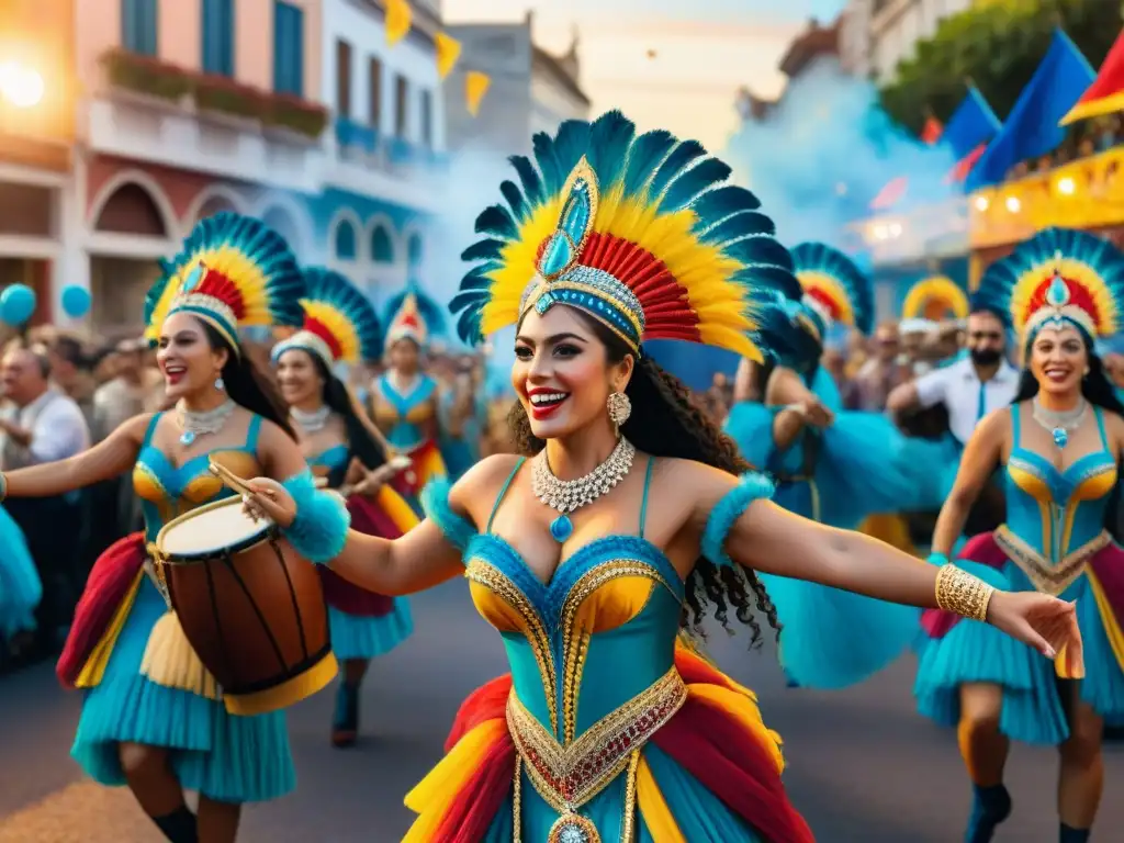 Consejos para disfrutar Carnaval Uruguayo: Vibrante escena de desfile con coloridos trajes, música tradicional y alegría en el ambiente