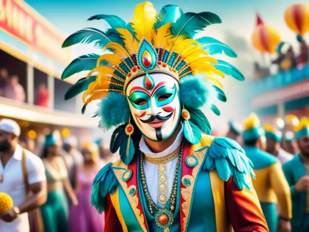 Consejos para destacar en Carnaval: Ilustración vibrante de un bullicioso desfile con artistas coloridos y espectadores animados