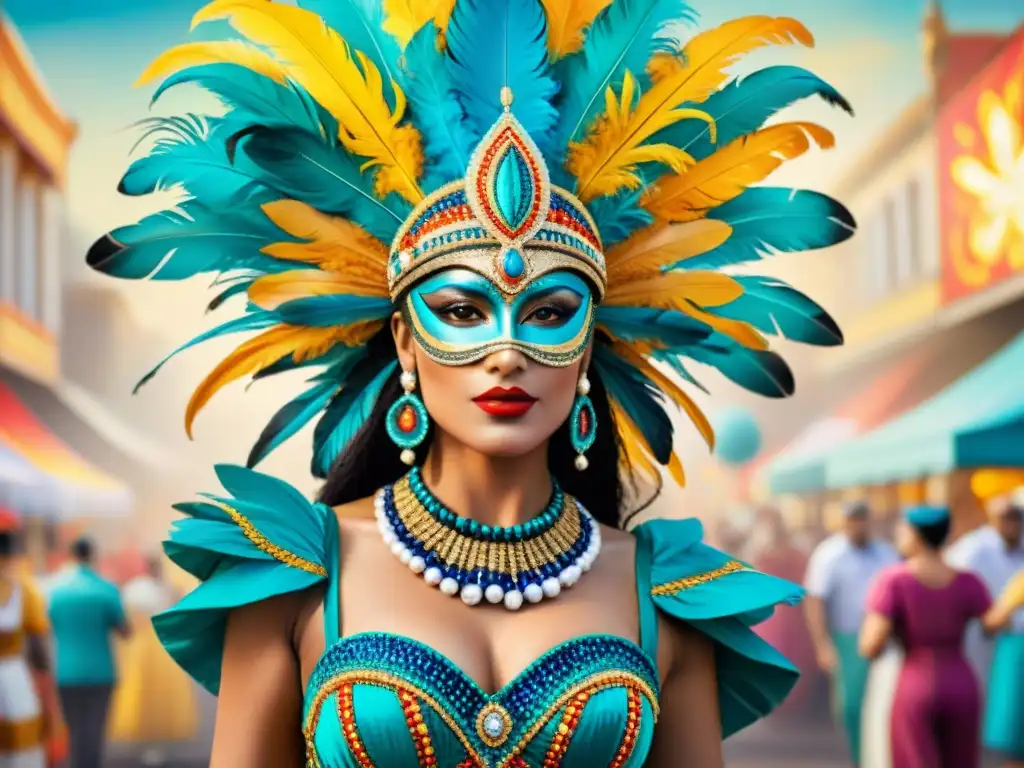 Consejos para lucir trajes de Carnaval: Detalle vibrante de un traje uruguayo en acuarela, con colores y texturas festivas