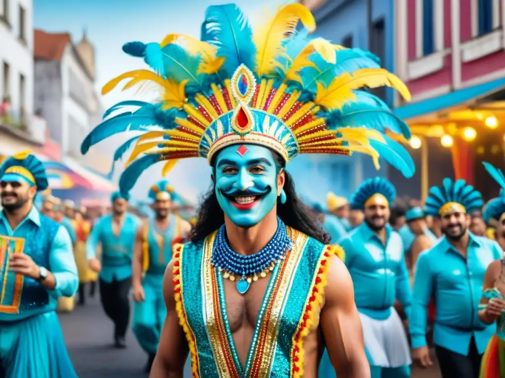 Consejos para lucir trajes: Desfile alegre de Carnavaleros uruguayos con coloridos atuendos tradicionales en un vibrante carnaval