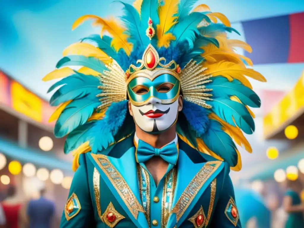 Consejos diseño vestuarios Carnaval Uruguayo: Traje de carnaval colorido y detallado en estilo tradicional uruguayo