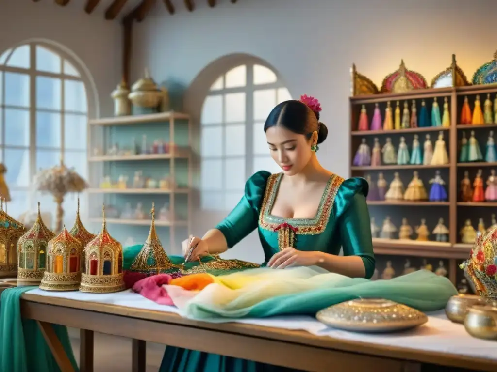 Conservadores de trajes en Carnaval Uruguayo trabajando meticulosamente en un taller vibrante y colorido