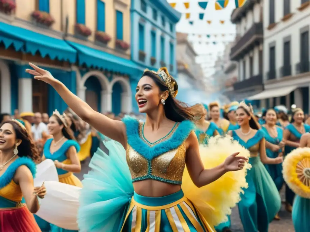 Fotografía contemporánea del Carnaval Uruguayo: Coloridos bailarines desfilan entre la multitud en las calles festivas