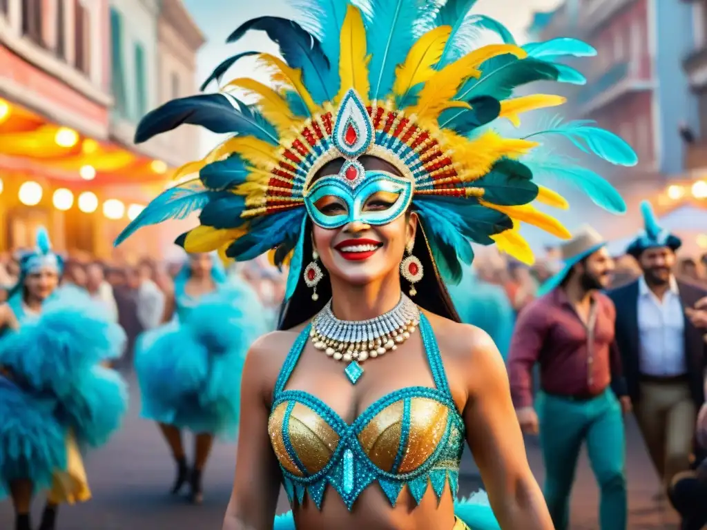 Fotografía contemporánea del Carnaval Uruguayo: Coloridos bailarines en Montevideo celebran con música y alegría