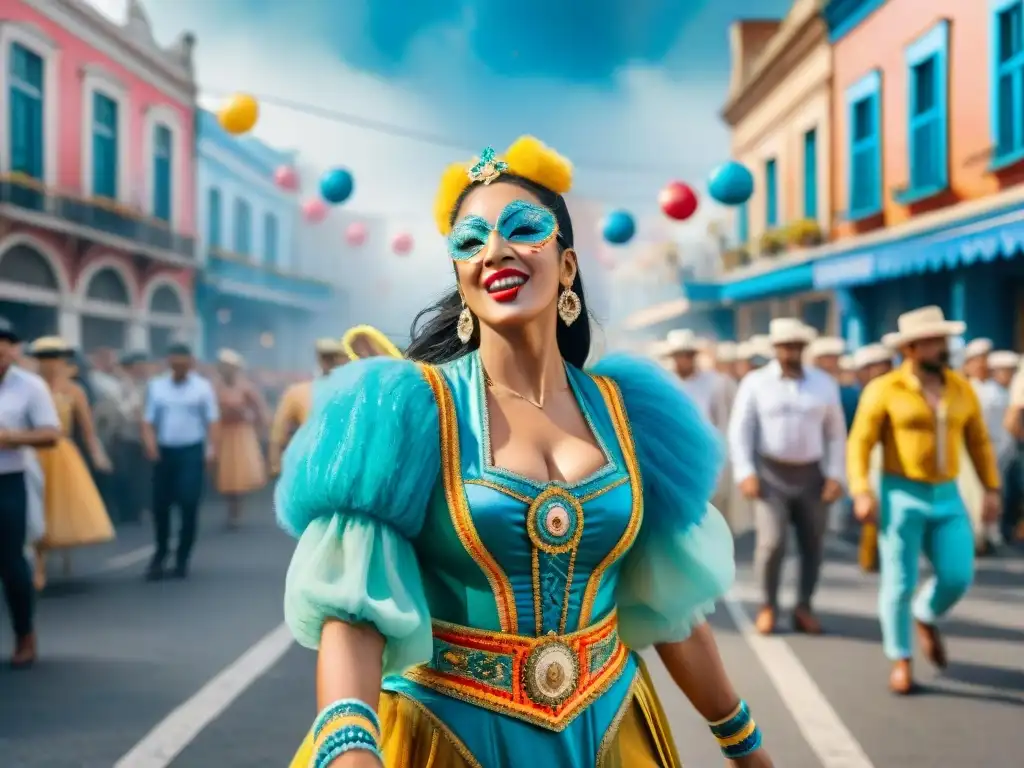 Fotografía contemporánea del Carnaval Uruguayo: Desfile colorido y bullicioso con danzas tradicionales y confeti en el aire