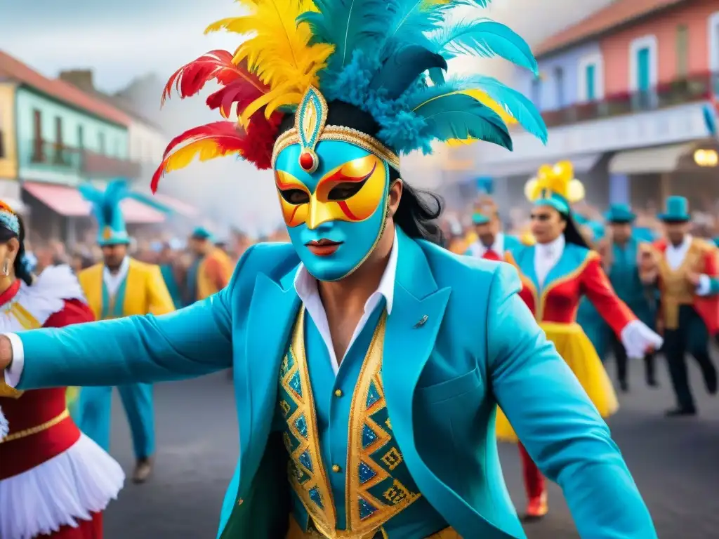 Fotografía contemporánea del Carnaval Uruguayo: una escena vibrante con coloridos trajes, máscaras y bailarines enérgicos