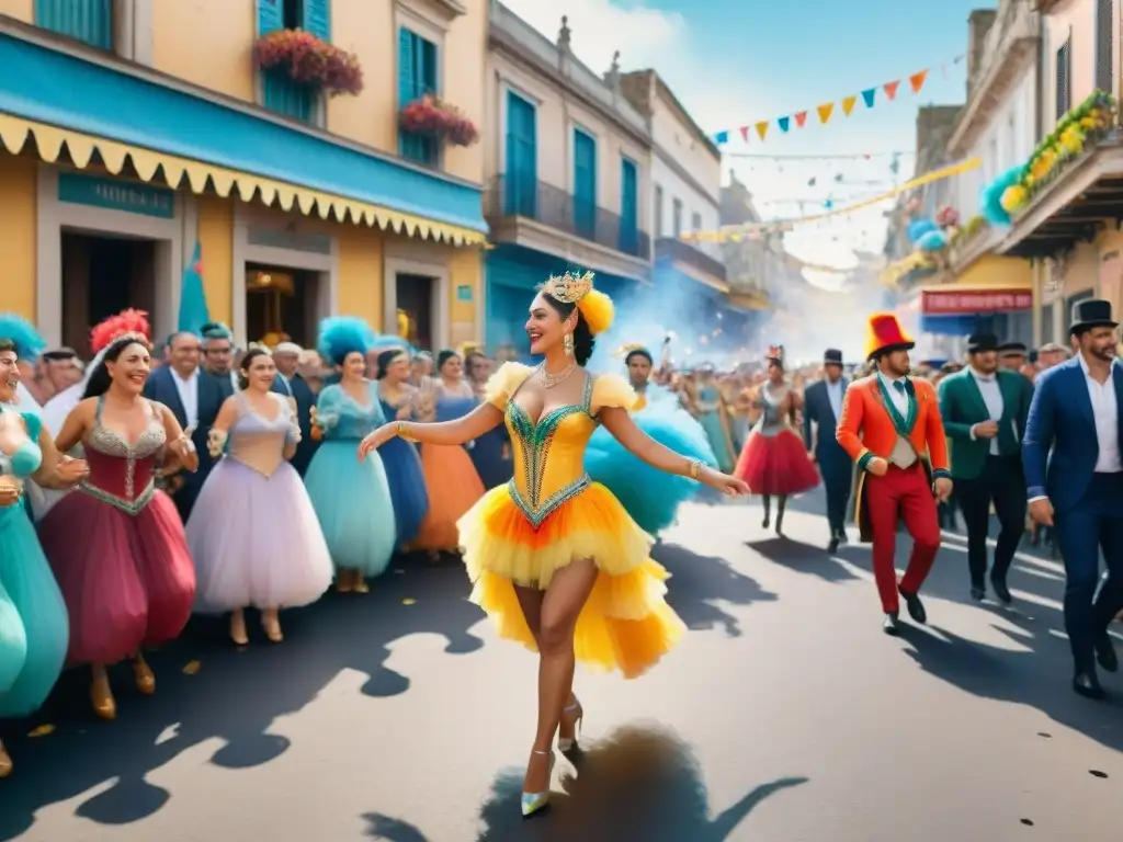 Una fotografía contemporánea del Carnaval Uruguayo con vibrantes colores y energía festiva