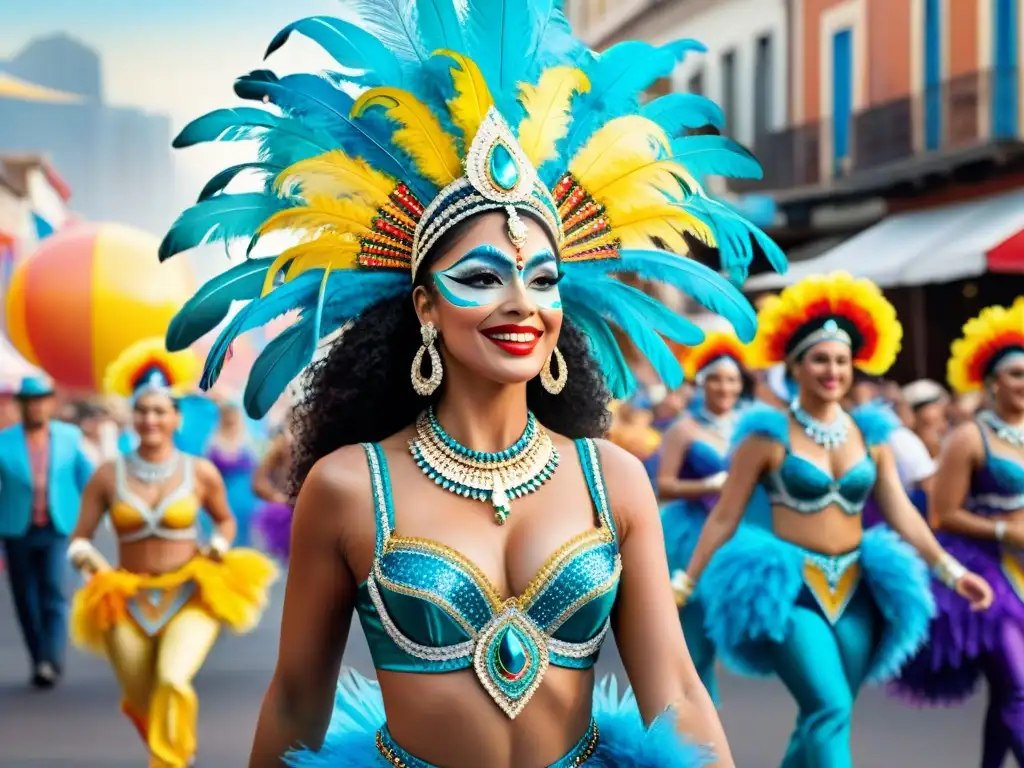 Creación de vestuario para Carnaval: Coloridos trajes de Carnaval uruguayo en desfile festivo