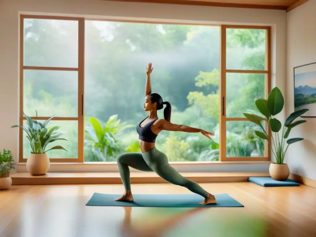 Un cuadro acuarela detalla artistas practicando yoga, estiramiento y meditación en un estudio