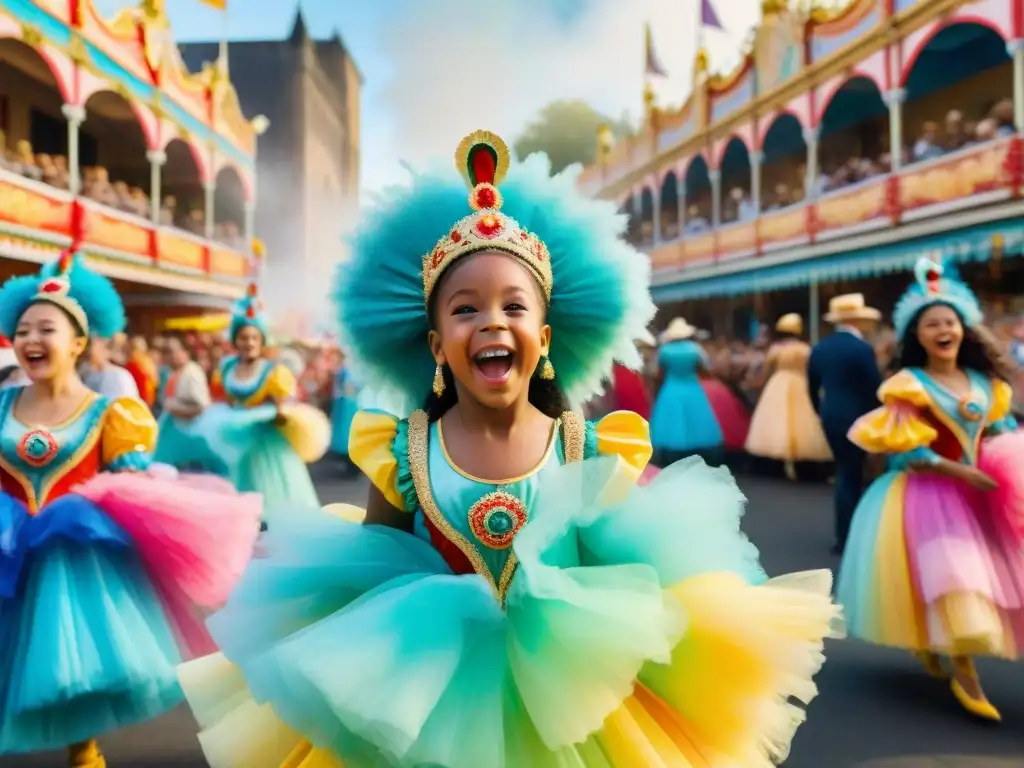 Un cuadro acuarela intrincado muestra niños en trajes de carnaval vibrantes y elaborados, llenos de alegría y emoción