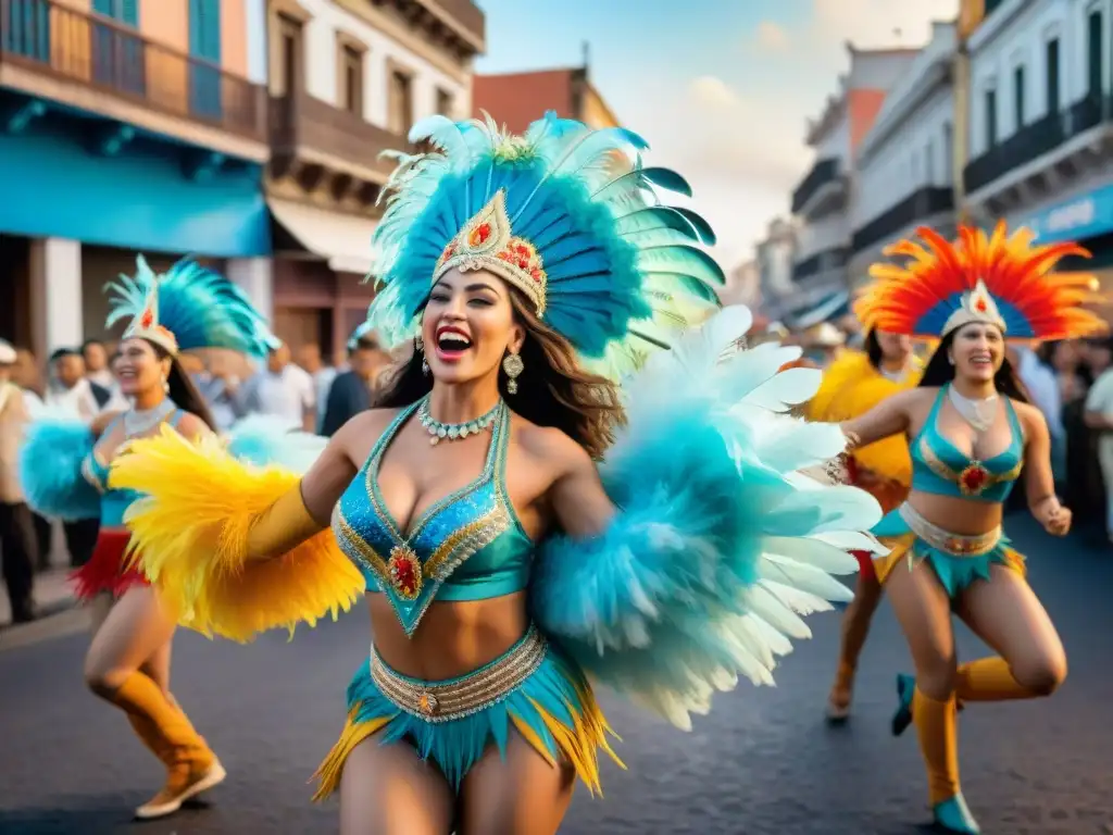 Un cuadro de acuarela vibrante que retrata a bailarines de una comparsa uruguaya con trajes elaborados y llenos de plumas, lentejuelas y cuentas