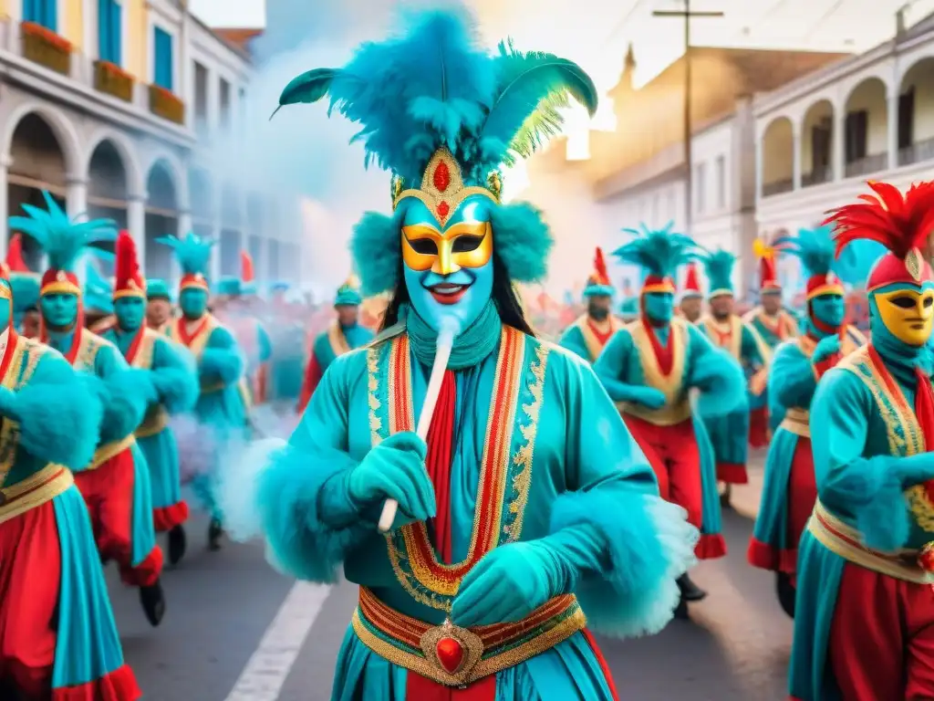 Un cuadro detallado del Carnaval Uruguayo: artistas danzando con coloridos trajes y máscaras, en una celebración vibrante y comunitaria