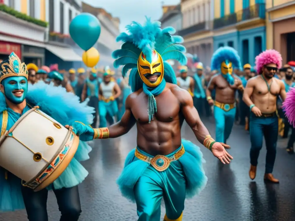 Cuadro acuarela vibrante del Carnaval en Uruguay, capturando la esencia festiva