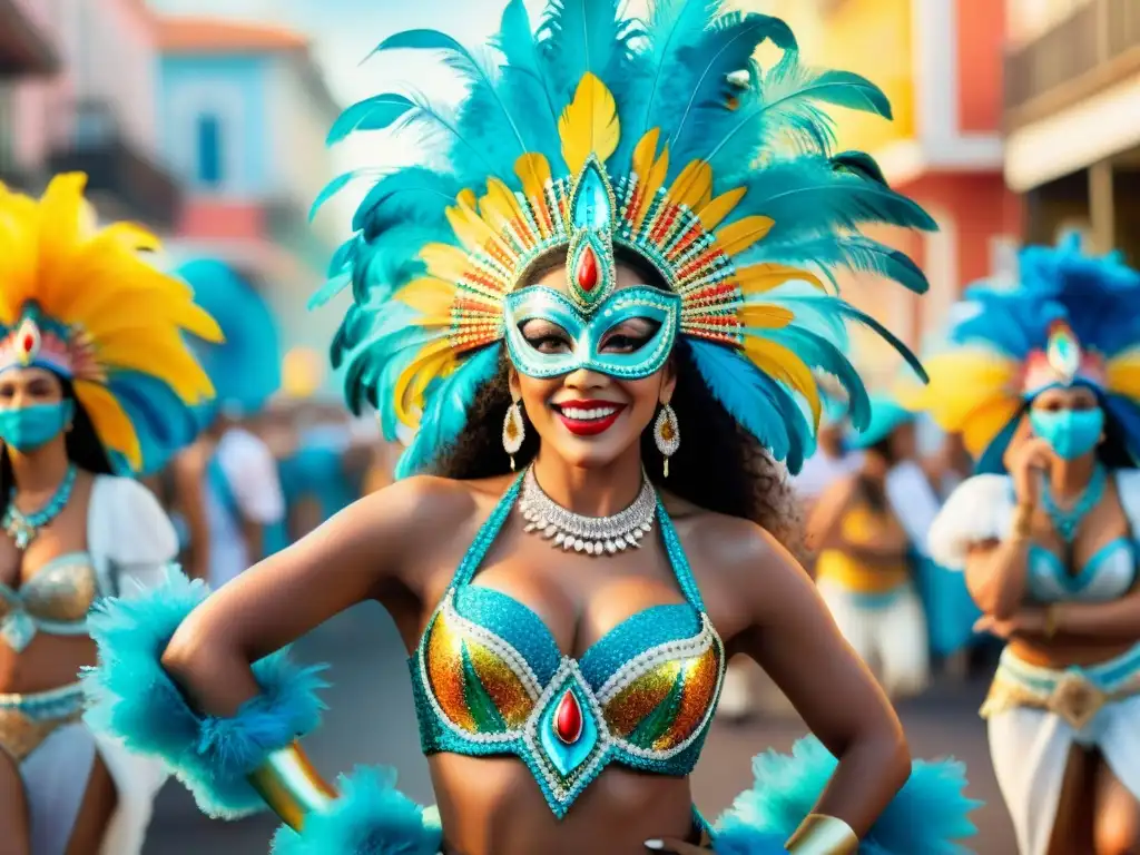 Cuadro vibrante de Carnaval Uruguayo con bailarines detallados y coloridos, coberturas seguro viaje Carnaval Uruguayo