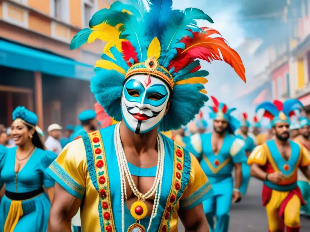 Un cuadro acuarela vibrante capturando la esencia del Carnaval Uruguayo, con trajes coloridos, máscaras intrincadas y música alegre