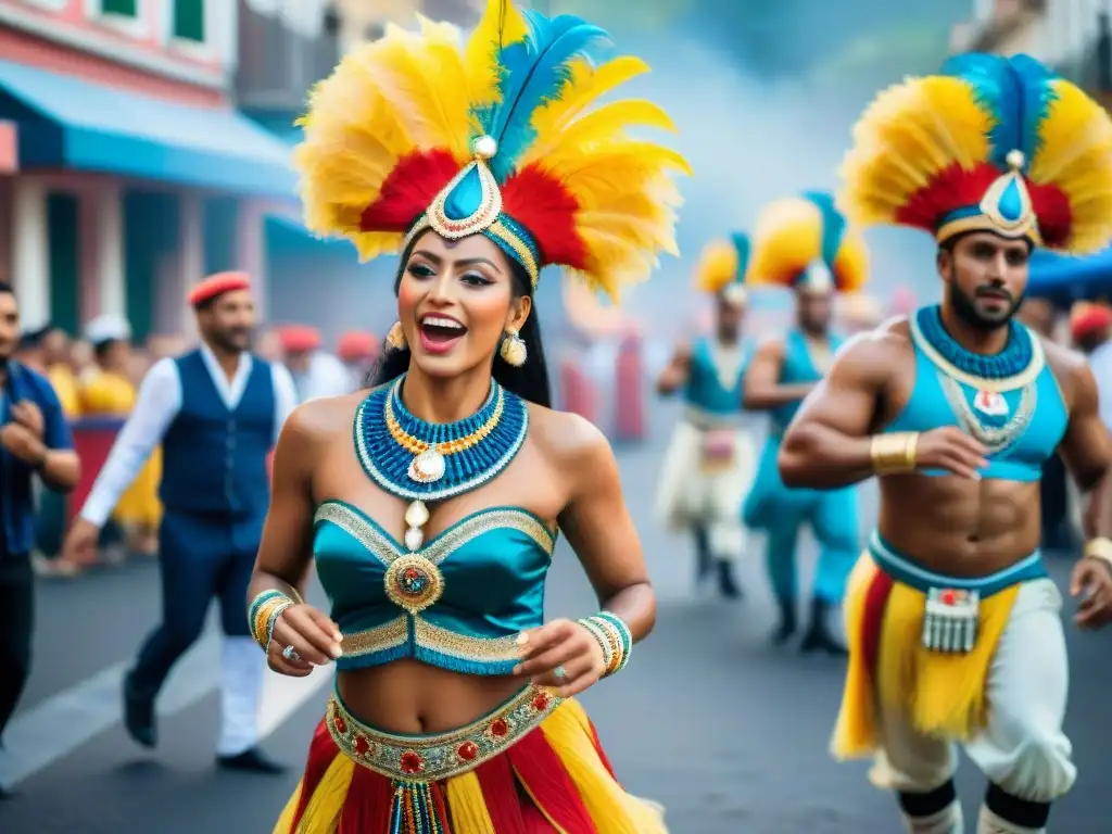 Fusión cultural Carnaval Uruguayo: Coloridos bailarines de agua en trajes tradicionales celebran con movimientos alegres en desfile callejero